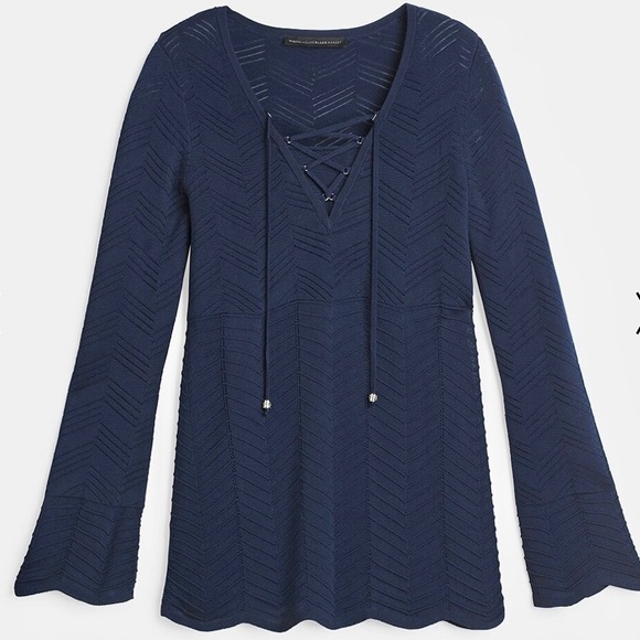 White House Black Market Lace Up Ribbed Tunic Sweater Scallop Hem Size Small - Picture 3 of 8